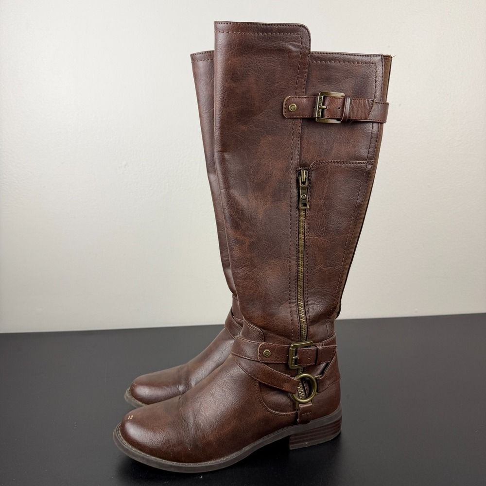 G by Guess Knee High Riding Boots Women's 7.5M Brown Faux Leather Buckle Straps